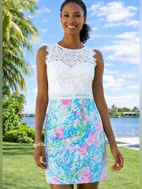 NWT Lilly Pulitzer Sharice Stretch Shift Dress Coral Bay Lace Size 10